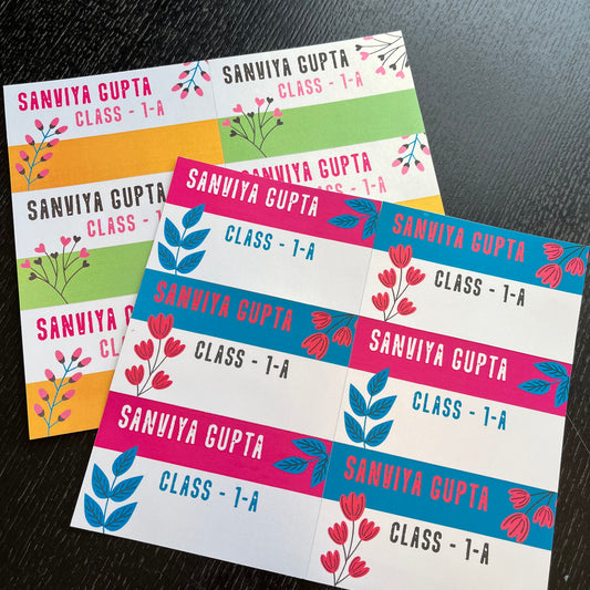 personalised book labels in bright bold colours pink, teal, yellow green with deleicate flower design and class and name details
