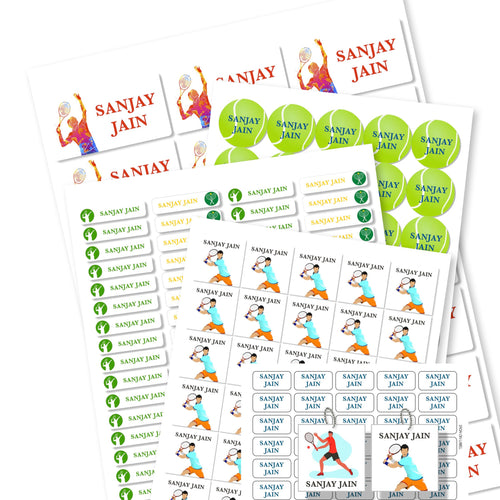 A collection of mixed pack name labels featuring a tennis theme, with various colors and designs, including images of tennis players and rackets.