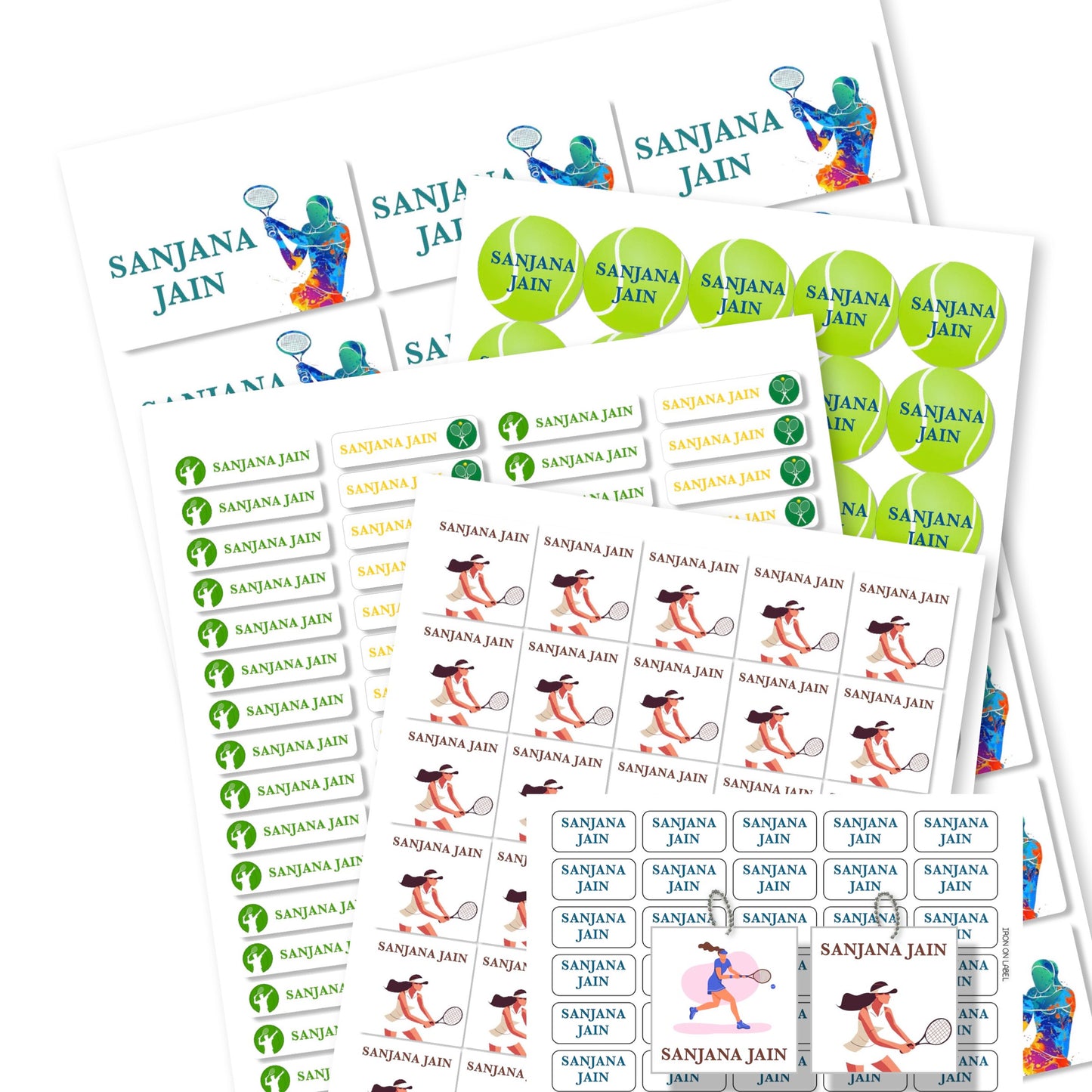 Details of Mixed pack of tennis girls labels with different shapes and sizes