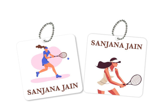 Two square metal bag tags with a tennis player illustration and the name 'SANJANA JAIN' on them, one depicting a female player in action and the other a more serene pose.