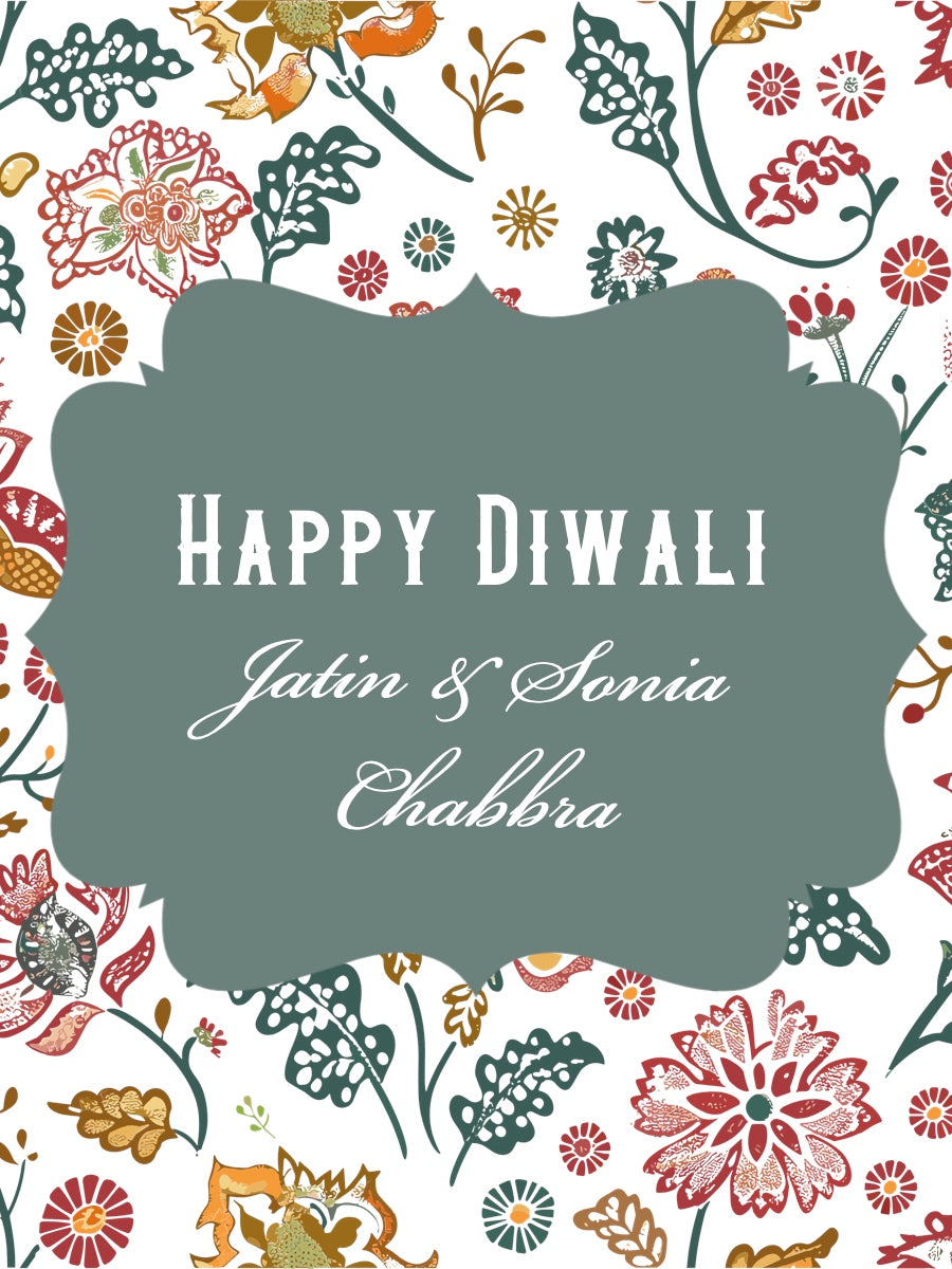 Greeting card with 'Happy Diwali' text and floral design on a white background