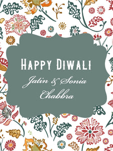 Greeting card with 'Happy Diwali' text and floral design on a white background