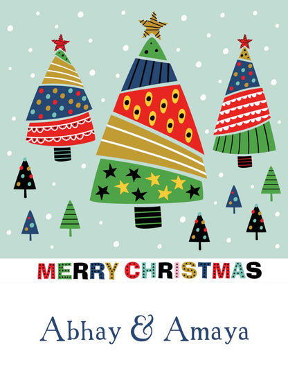 Two wrapped gifts with personalized Christmas-themed tags that read 'Merry Christmas' and 'Abhi & Aya'.