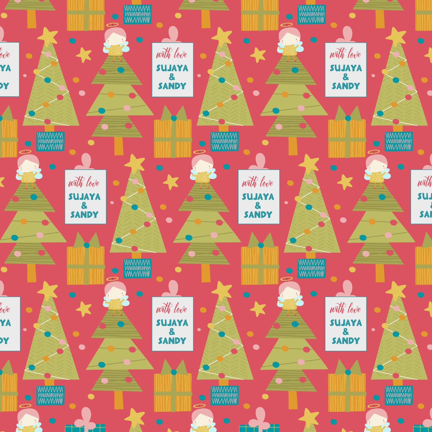 Personalised wrapping paper for christmas featuing xmas trees on a red background with an angel on top of the tree