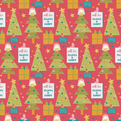 Personalised wrapping paper for christmas featuing xmas trees on a red background with an angel on top of the tree