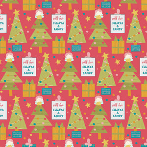 Personalised wrapping paper for christmas featuing xmas trees on a red background with an angel on top of the tree