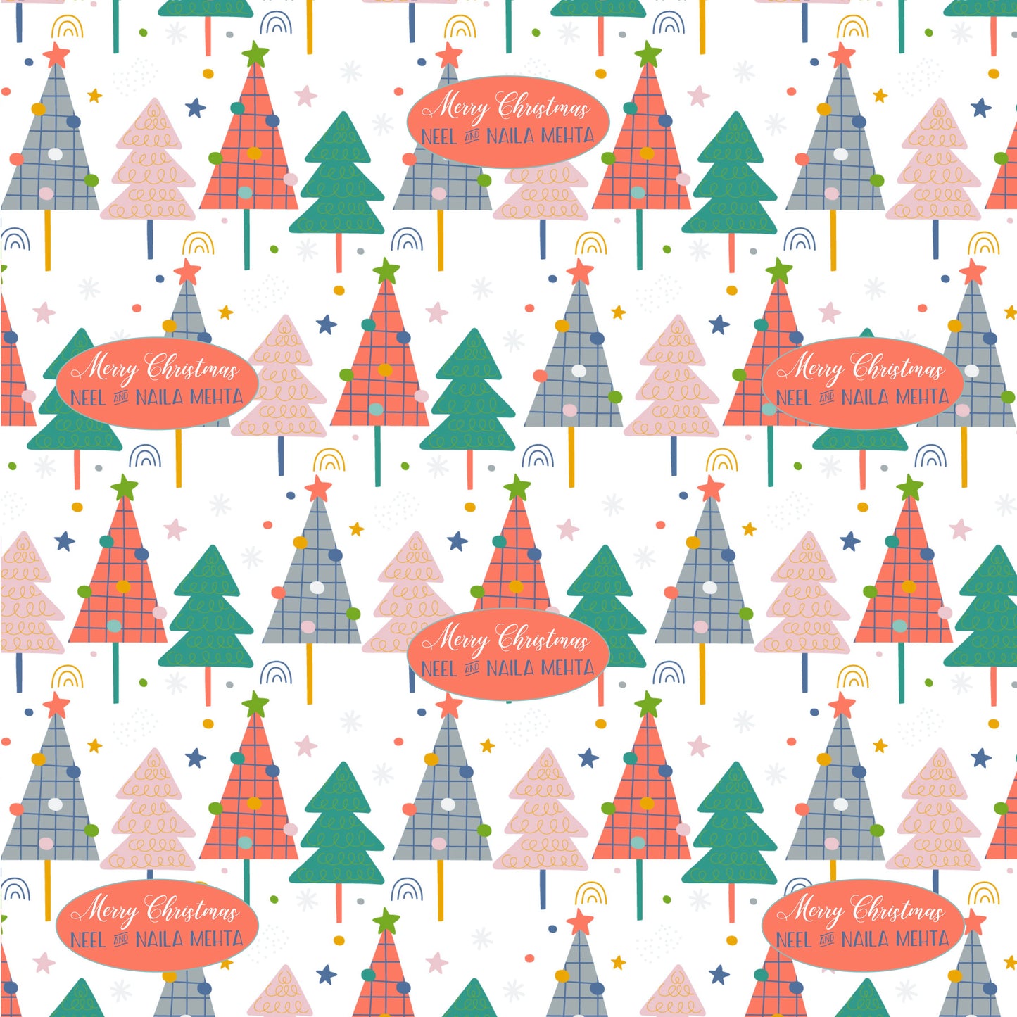 Multicoloured xmas trees on a white background with merry christmas greeting