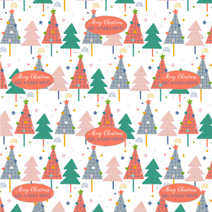 Multicoloured xmas trees on a white background with merry christmas greeting