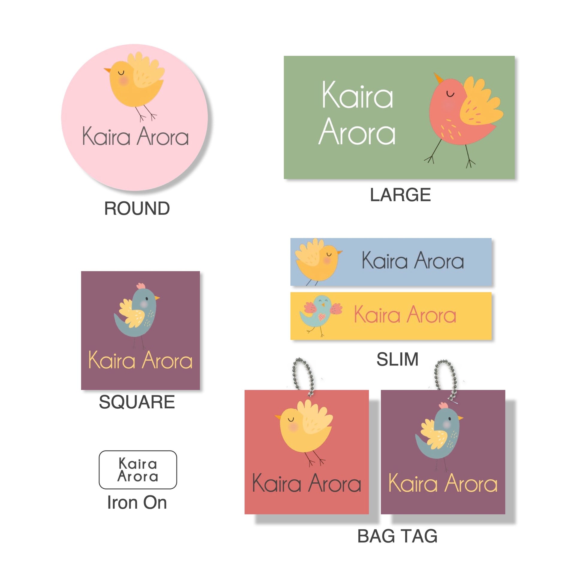 Various labels with bird motifs in different colors and shapes, including round, square, and slim labels, intended for personalizing clothes and school materials.