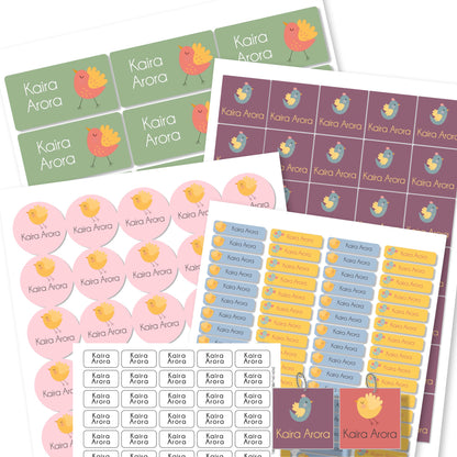 Various labels with bird motifs in different colors and shapes, including round, square, and slim labels, intended for personalizing clothes and school materials.