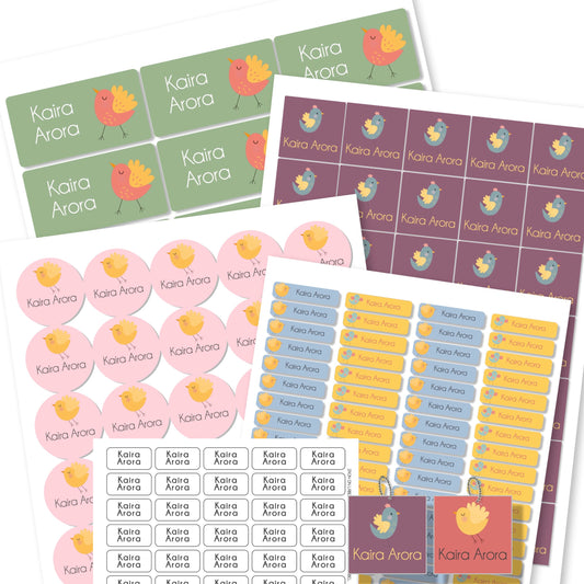 Various labels with bird motifs in different colors and shapes, including round, square, and slim labels, intended for personalizing clothes and school materials.