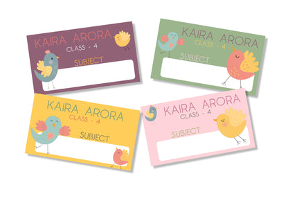 A set of four adhesive book labels with a bird design and spaces for name and class information.