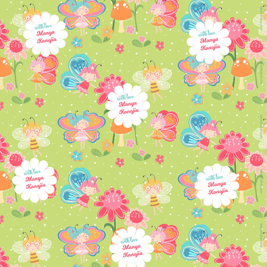 Pattern of fairies, flowers, and bees on a green background in a personalised wrapping paper for kids