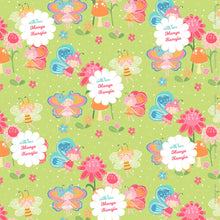 Pattern of fairies, flowers, and bees on a green background in a personalised wrapping paper for kids