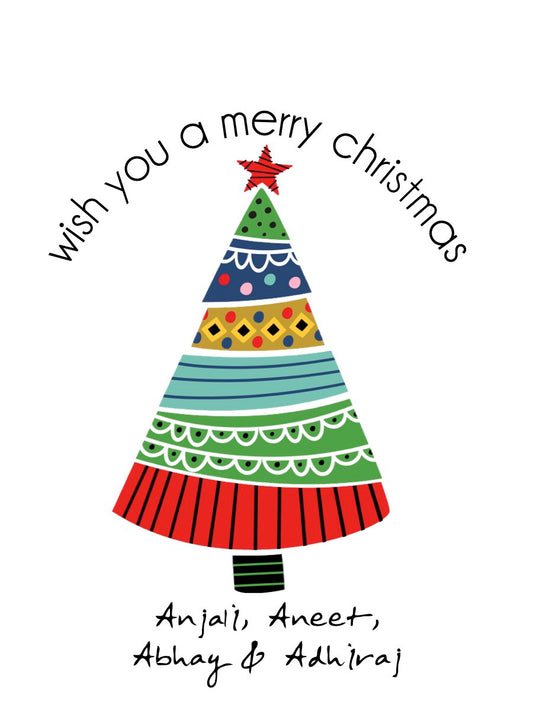 Personalized Christmas tree-shaped gift tags with red and green ribbons, white cardstock, and printed text, 