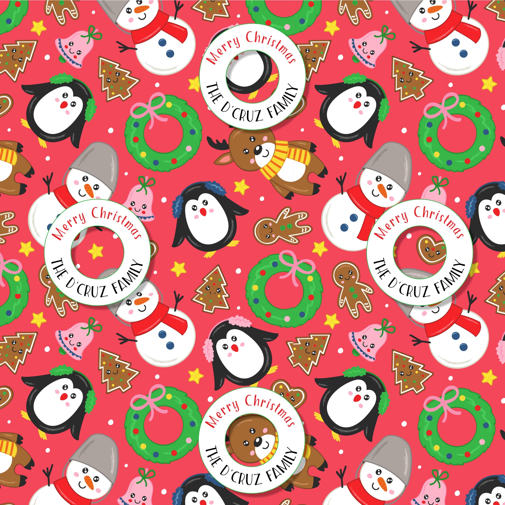 bright red  xmas theme wrapping paper featuring a penguin, ginger bread cookie, wreaths and bells on a red background
