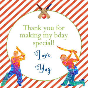 Round thank you label with a cricket theme, featuring illustrations of cricket players and a bat, with a red and white striped background.