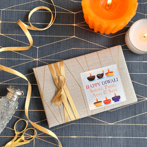 personalised gift labels featuring 6 diyas with names in centre