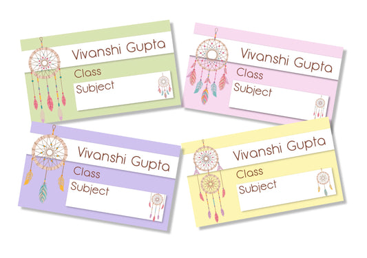 Four customizable dreamcatcher-themed class and subject labels arranged in a 2x2 grid on a white background. The labels feature different pastel colors: light green, light pink, light purple, and light yellow.