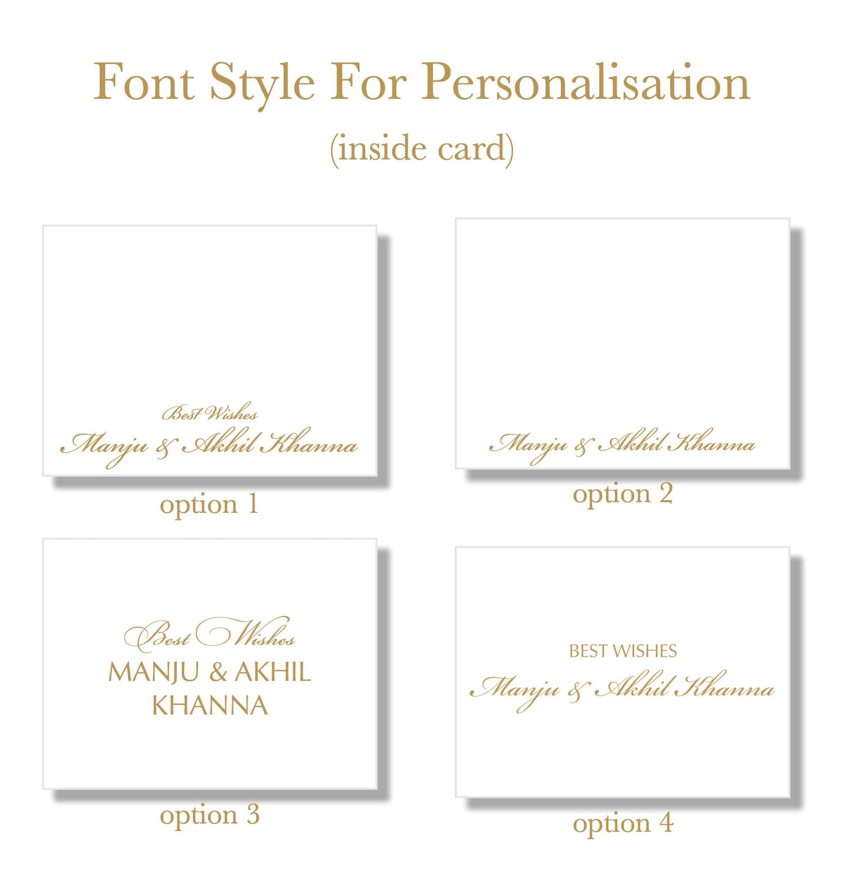 Four white card design options labeled option 1 to option 4, showing personalized wedding-style messages in gold text on a white background, with the heading 'Font Style For Personalisation (inside card)'.