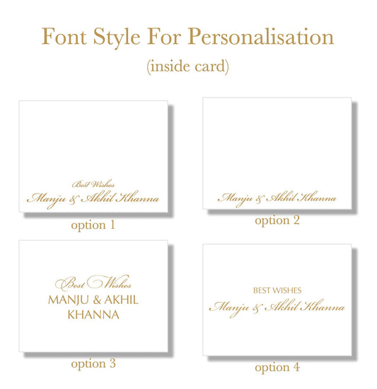 Four white card design options labeled option 1 to option 4, showing personalized wedding-style messages in gold text on a white background, with the heading 'Font Style For Personalisation (inside card)'.
