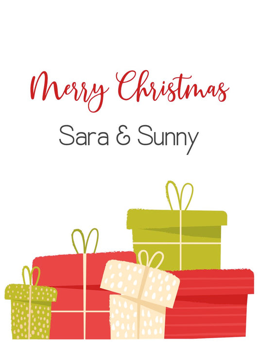 Personalized Christmas gift tags with 'Merry Christmas' text and  a stack of gifts on a white background