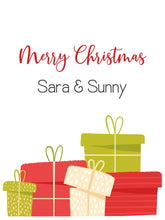Personalized Christmas gift tags with 'Merry Christmas' text and  a stack of gifts on a white background