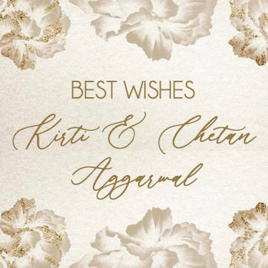 A gift label with a floral design in gold and white colors, with text that reads 'BEST WISHES' and a personalized name.