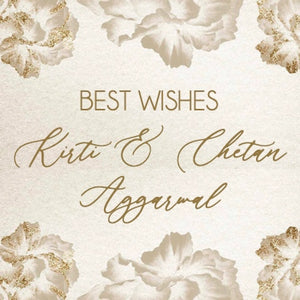 A gift label with a floral design in gold and white colors, with text that reads 'BEST WISHES' and a personalized name.