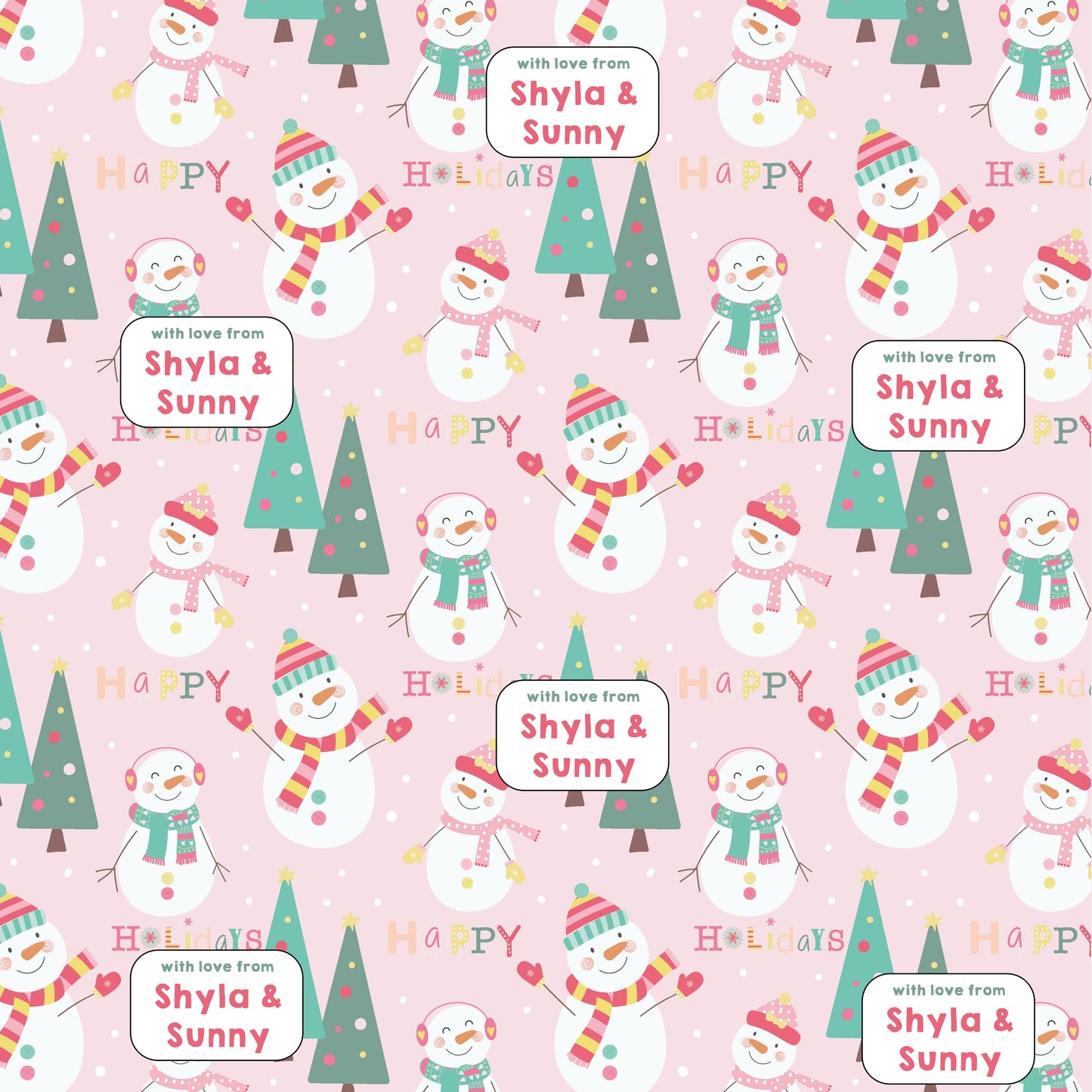 cute snowmen surrounded by xmas trees on a pastel pink background