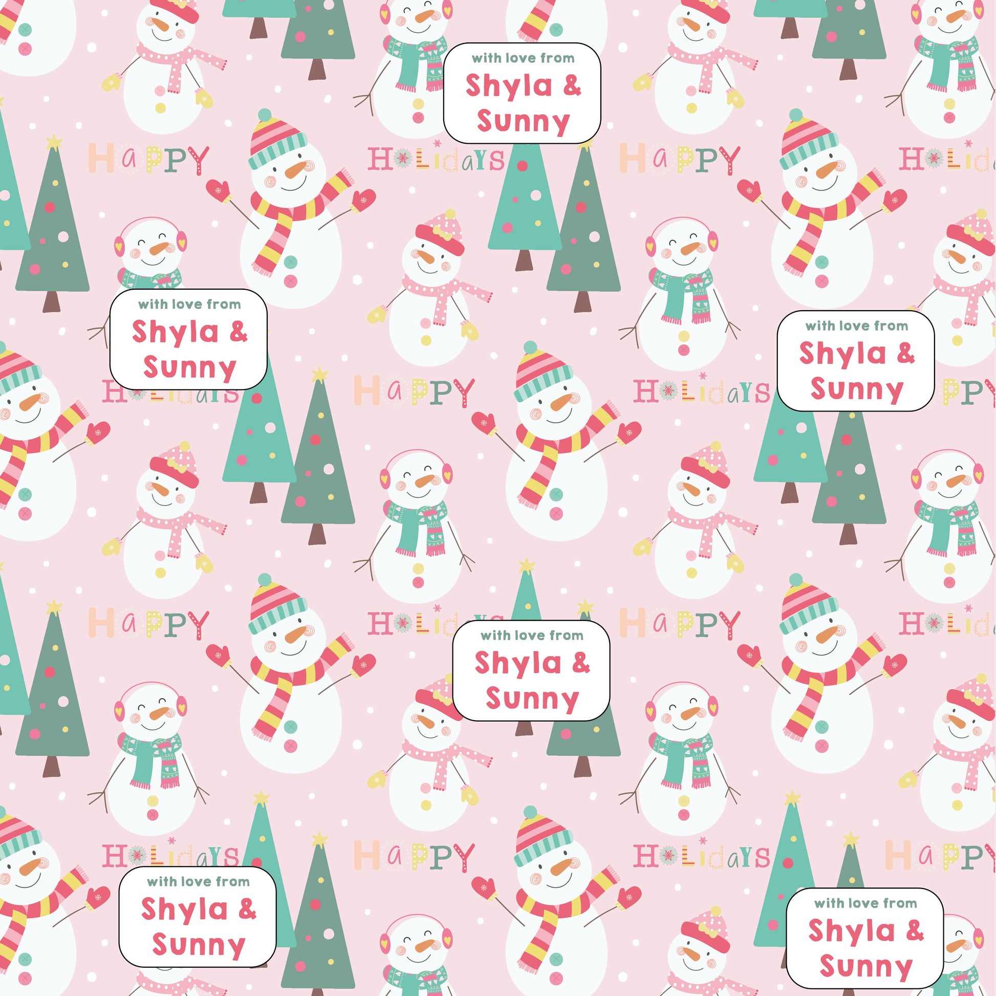 cute snowmen surrounded by xmas trees on a pastel pink background