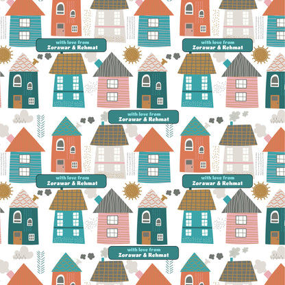 colourful houses in a row design for wrapping paper with blue text with name
