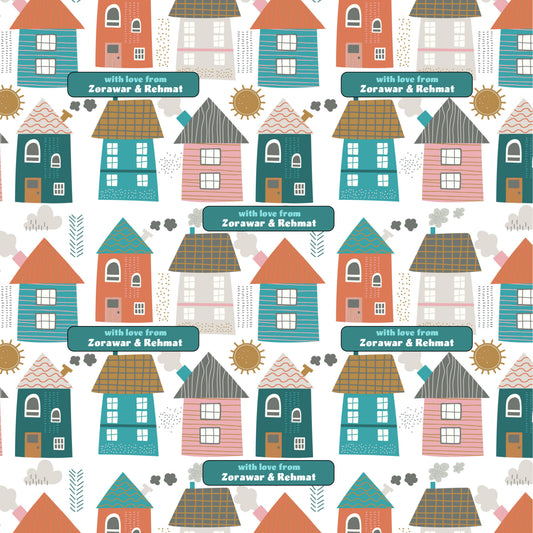 colourful houses in a row design for wrapping paper with blue text with name