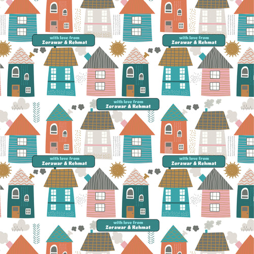 colourful houses in a row design for wrapping paper with blue text with name
