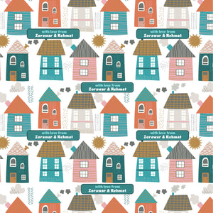 colourful houses in a row design for wrapping paper with blue text with name