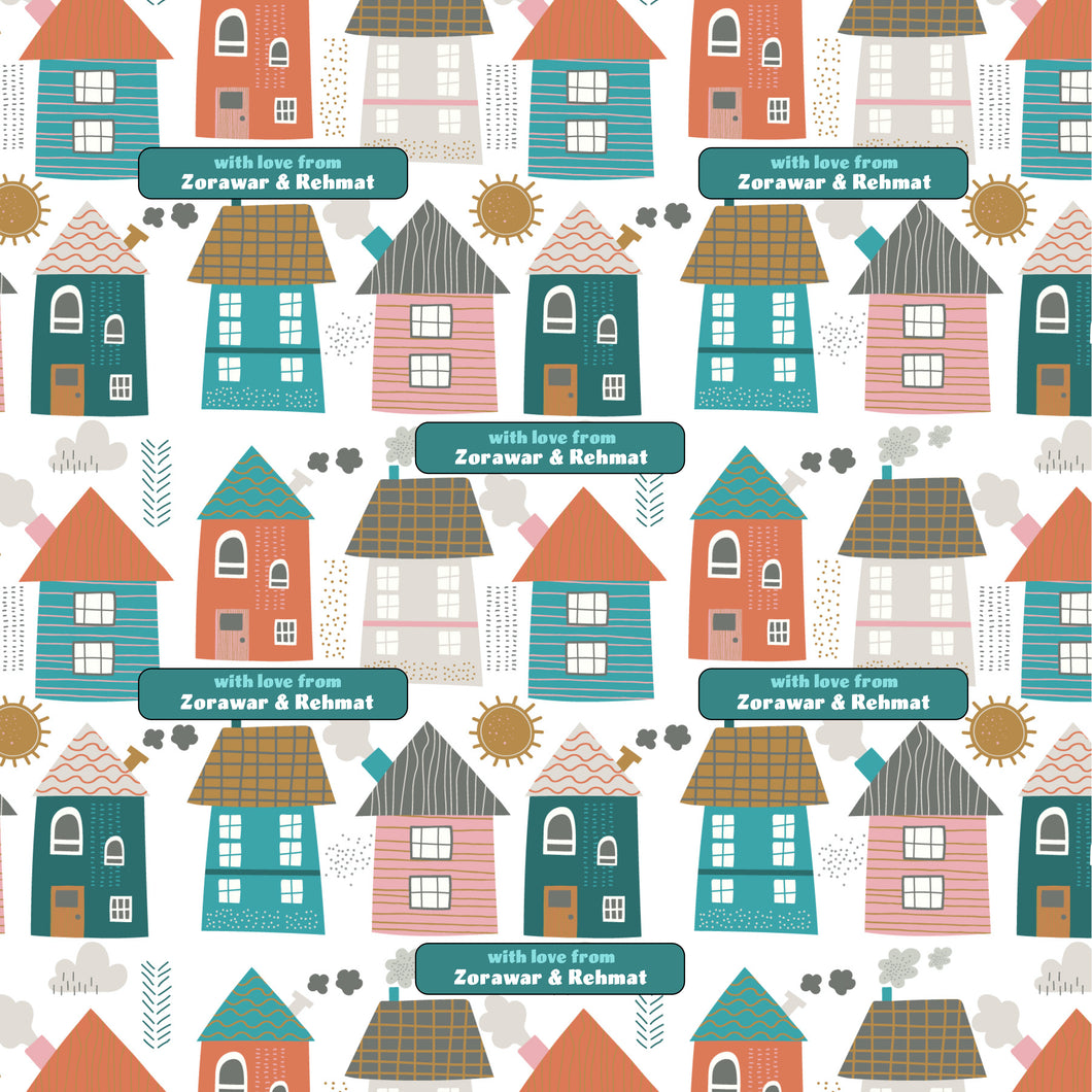colourful houses in a row design for wrapping paper with blue text with name