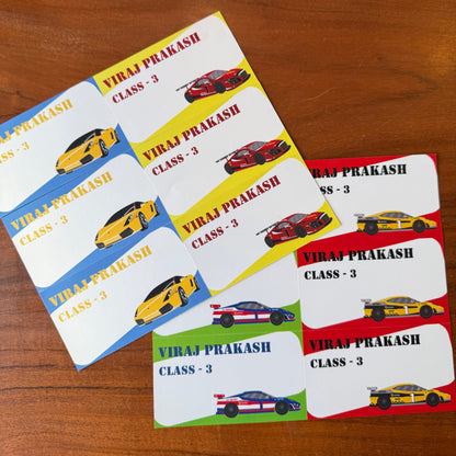 personalised book labels in 4 different designs all with car themes