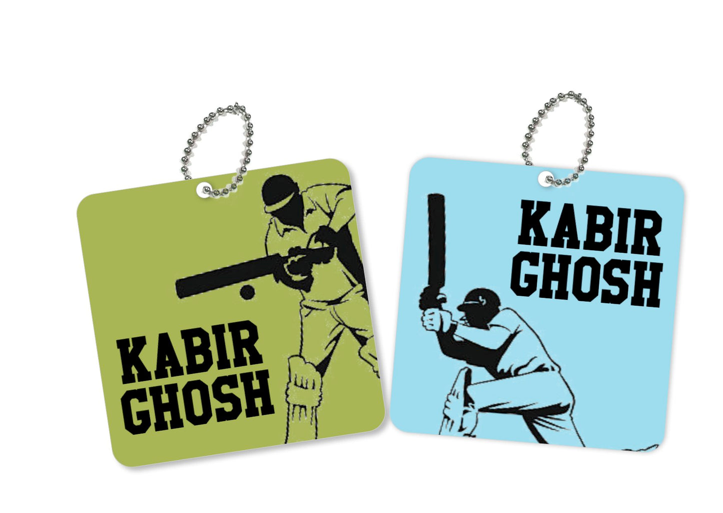 Two square metal bag tags with a cricket theme. One tag has an illustration of a batsman in a grayscale color, and the other has a stylized text 'KABIR GOSH' in black color, both with a chain attached.
