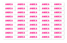Multiple 'ANIKA' labels with pink text on a white background