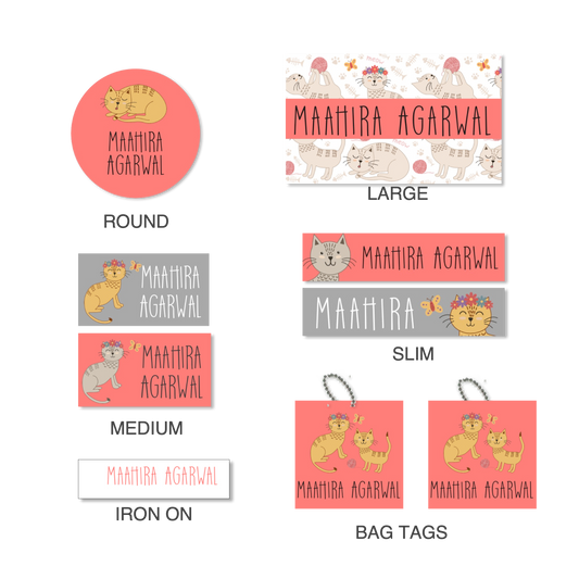 details of the shapes and sizes of a mixed pack of labels with a cat theme and peach and grey and white background