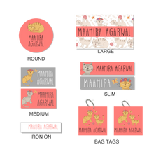 details of the shapes and sizes of a mixed pack of labels with a cat theme and peach and grey and white background
