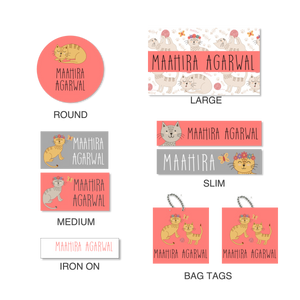 details of the shapes and sizes of a mixed pack of labels with a cat theme and peach and grey and white background