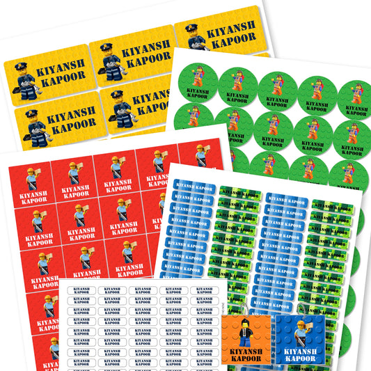 Various labels with lego characters  in different colors and shapes, including round, square, and slim labels, intended for personalizing clothes and school materials.