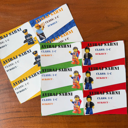 lego theme book labels in 4 different colours and designs featuring legend characters