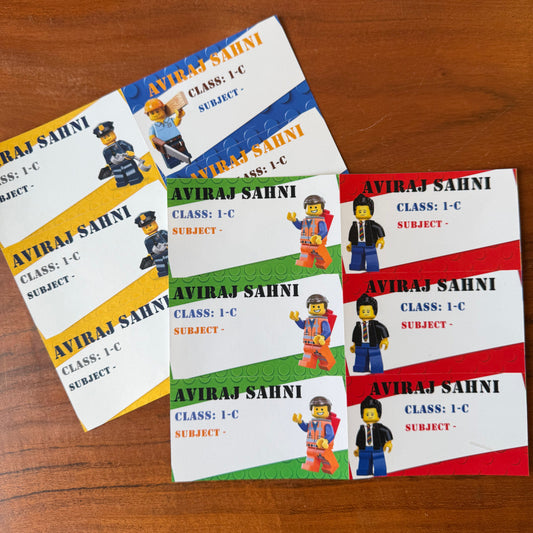 lego theme book labels in 4 different colours and designs featuring legend characters