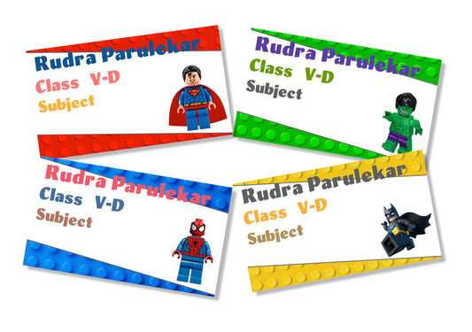 A set of adhesive book labels featuring various Lego Super Hero characters. Each label includes a name and class section, presented in a colorful design.