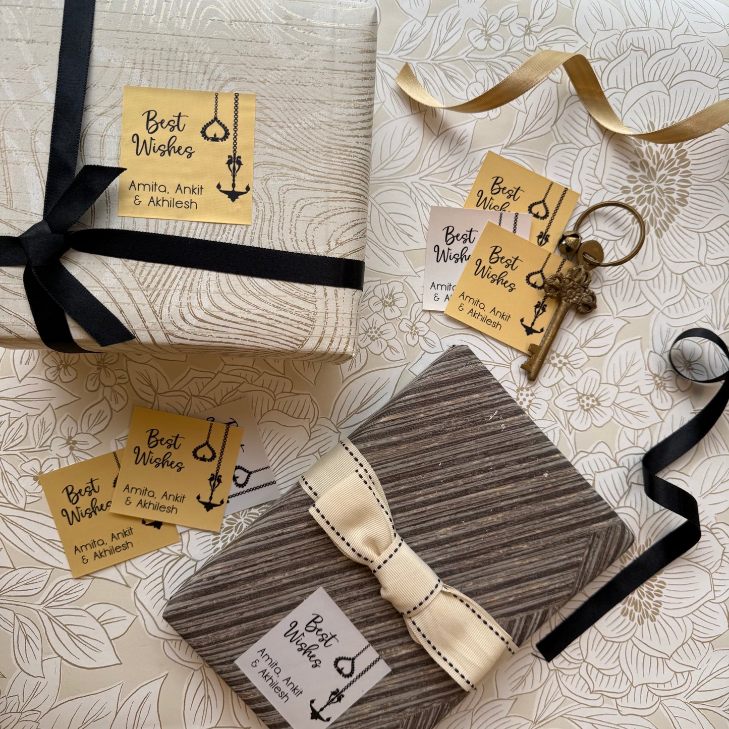 Three wrapped gift boxes arranged on a patterned cream surface with decorative ribbons and tags. The tags read 'Best Wishes' with names underneath and an anchor illustration.