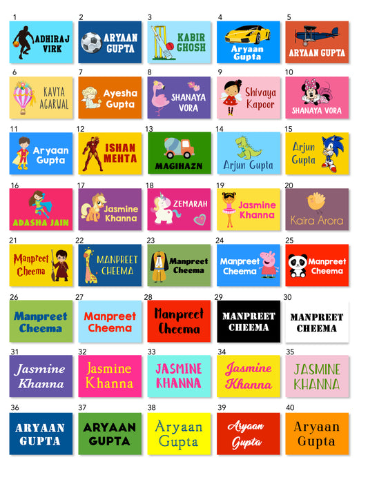 Collection of rectangle name labelswith various designs and colors,