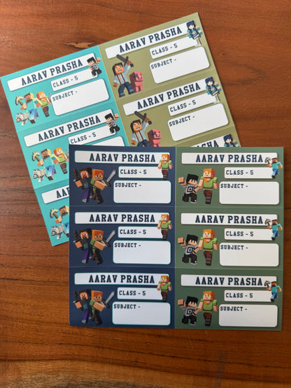 minecraft theme book labels each with a different background color (teal, olive green, navy blue, and dark green) and cartoon Minecraft-style characters.