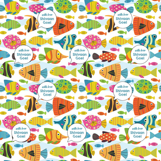 A colorful ocean-themed personalised wrapping paper with various fish and a text section for personalization.